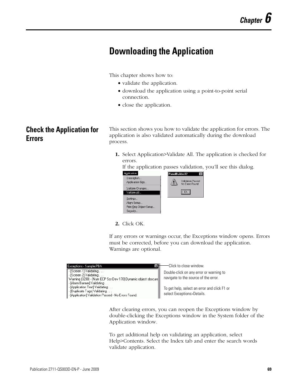 6 - downloading the application, Check the application for errors, Chapter 6 | Downloading the application, Chapter | Rockwell Automation 2711-ND3 PanelBuilder32 Quick Start Manual User Manual | Page 69 / 120