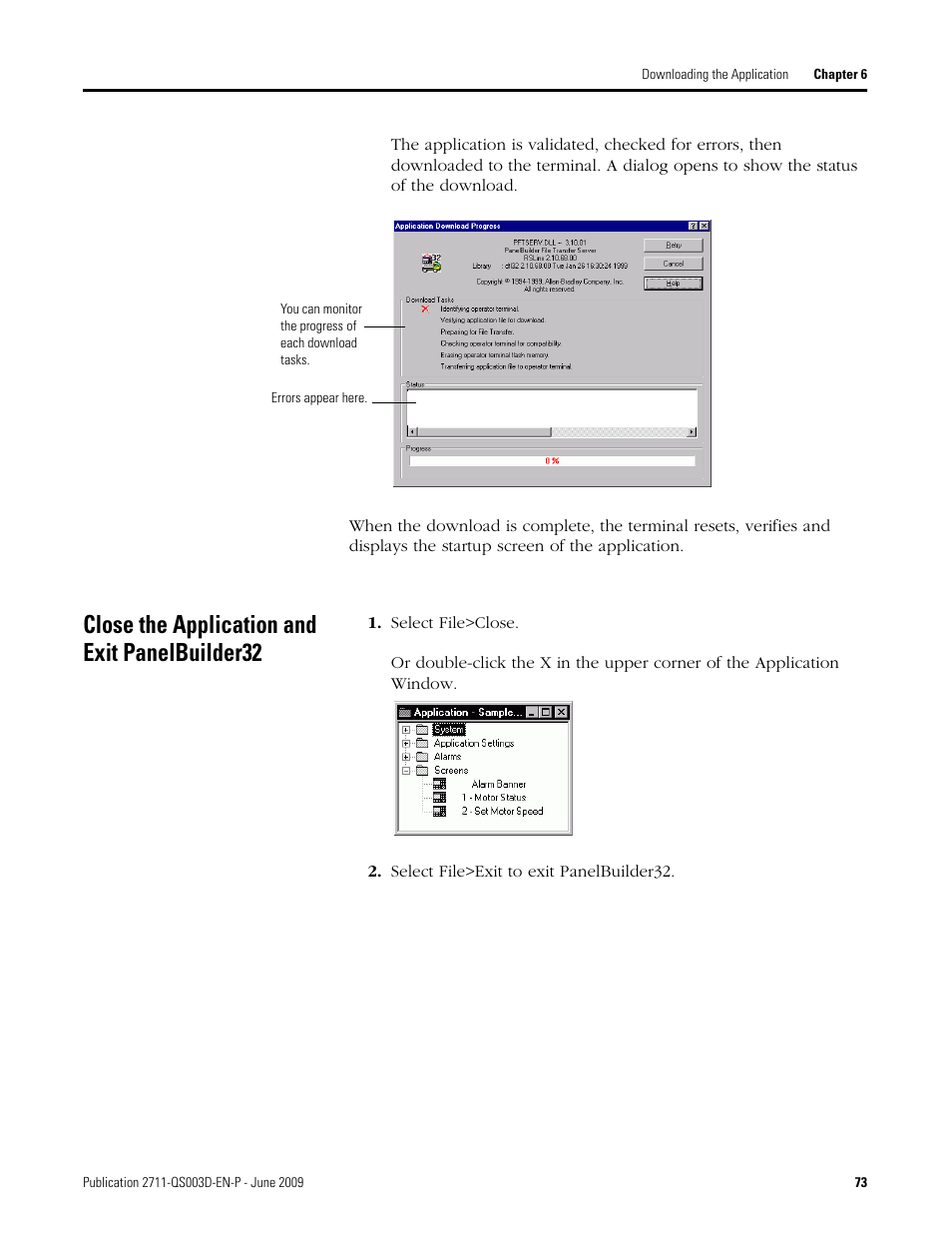 Close the application and exit panelbuilder32 | Rockwell Automation 2711-ND3 PanelBuilder32 Quick Start Manual User Manual | Page 73 / 120