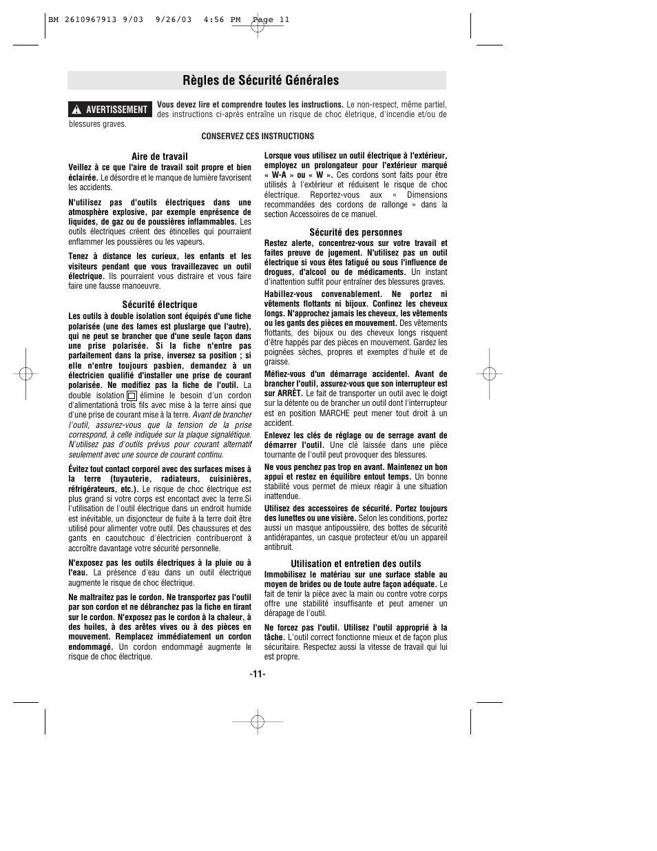 Règles de sécurité générales | Bosch 1276D User Manual | Page 11 / 32
