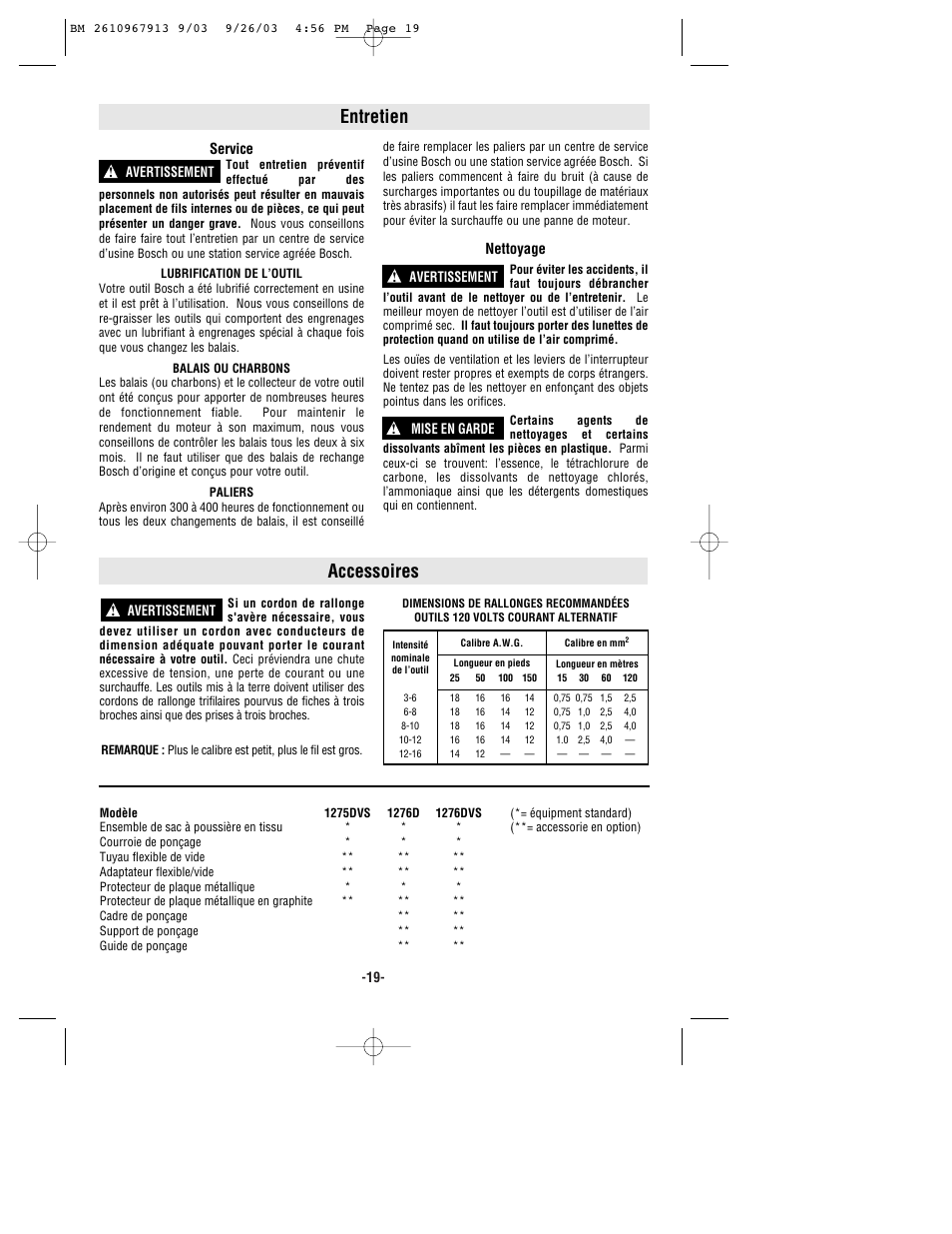 Accessoires, Entretien | Bosch 1276D User Manual | Page 19 / 32