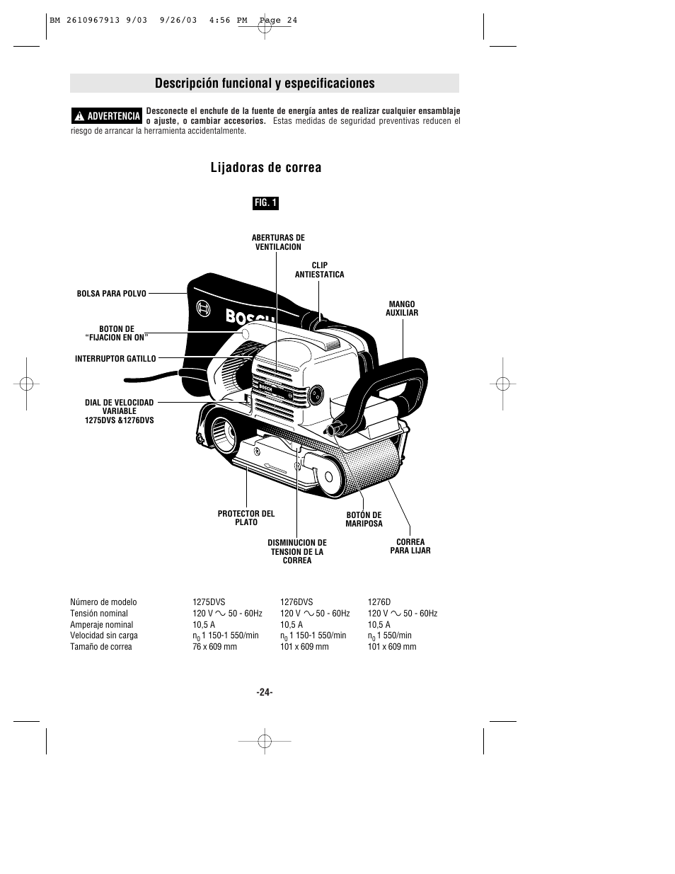 Descripción funcional y especificaciones, Lijadoras de correa | Bosch 1276D User Manual | Page 24 / 32