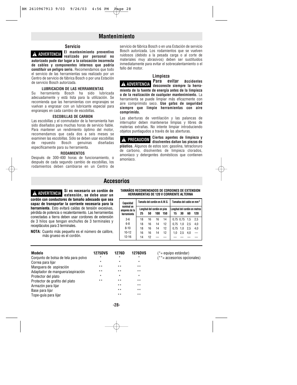 Mantenimiento, Accesorios | Bosch 1276D User Manual | Page 28 / 32