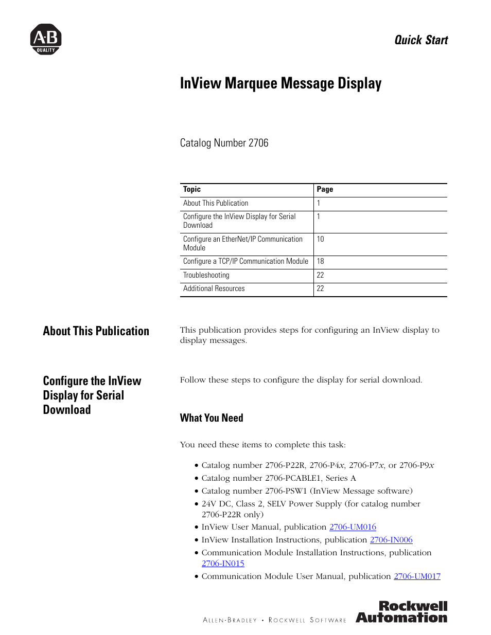 Rockwell Automation 2706-P_P InView Quick Start User Manual | 24 pages