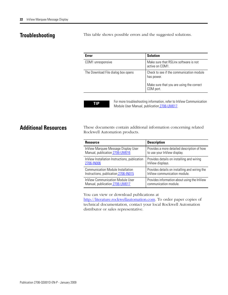 Troubleshooting, Additional resources | Rockwell Automation 2706-P_P InView Quick Start User Manual | Page 22 / 24
