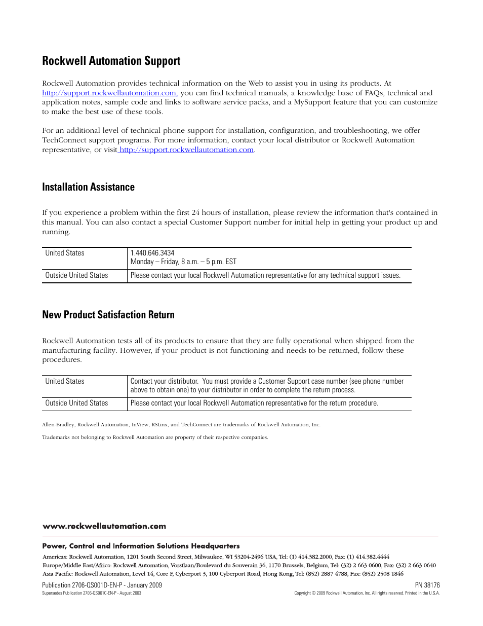 Back cover, Rockwell automation support, Installation assistance | New product satisfaction return | Rockwell Automation 2706-P_P InView Quick Start User Manual | Page 24 / 24