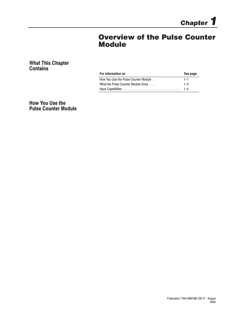 Overview of the pulse counter module, Chapter | Rockwell Automation 1794-IP4 Series B FLEX I/O PULSE COUNTER User Manual User Manual | Page 11 / 71