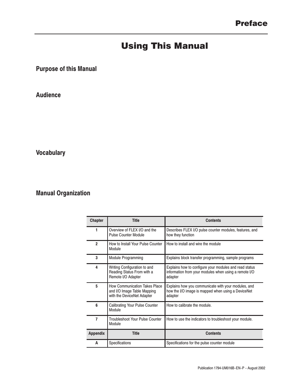 Using this manual, Preface | Rockwell Automation 1794-IP4 Series B FLEX I/O PULSE COUNTER User Manual User Manual | Page 3 / 71