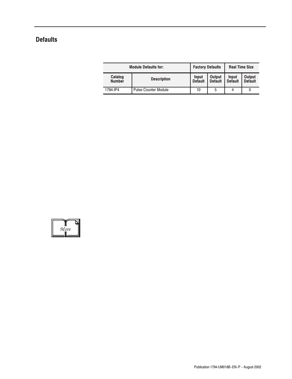 Defaults | Rockwell Automation 1794-IP4 Series B FLEX I/O PULSE COUNTER User Manual User Manual | Page 52 / 71