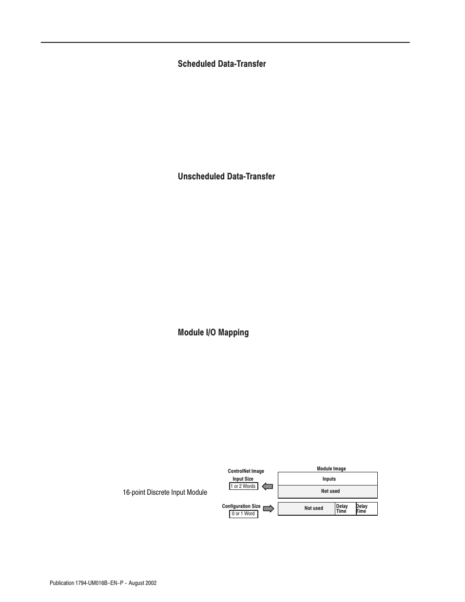 Scheduled dataćtransfer, Unscheduled dataćtransfer, Module i/o mapping | Rockwell Automation 1794-IP4 Series B FLEX I/O PULSE COUNTER User Manual User Manual | Page 55 / 71