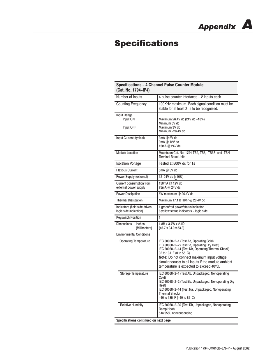 Specifications, Appendix | Rockwell Automation 1794-IP4 Series B FLEX I/O PULSE COUNTER User Manual User Manual | Page 64 / 71