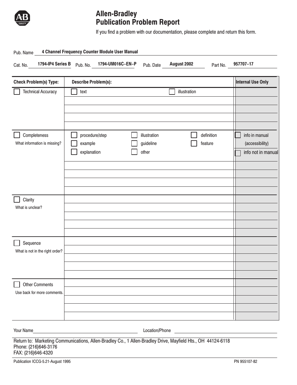Allenćbradley publication problem report | Rockwell Automation 1794-IP4 Series B FLEX I/O PULSE COUNTER User Manual User Manual | Page 68 / 71