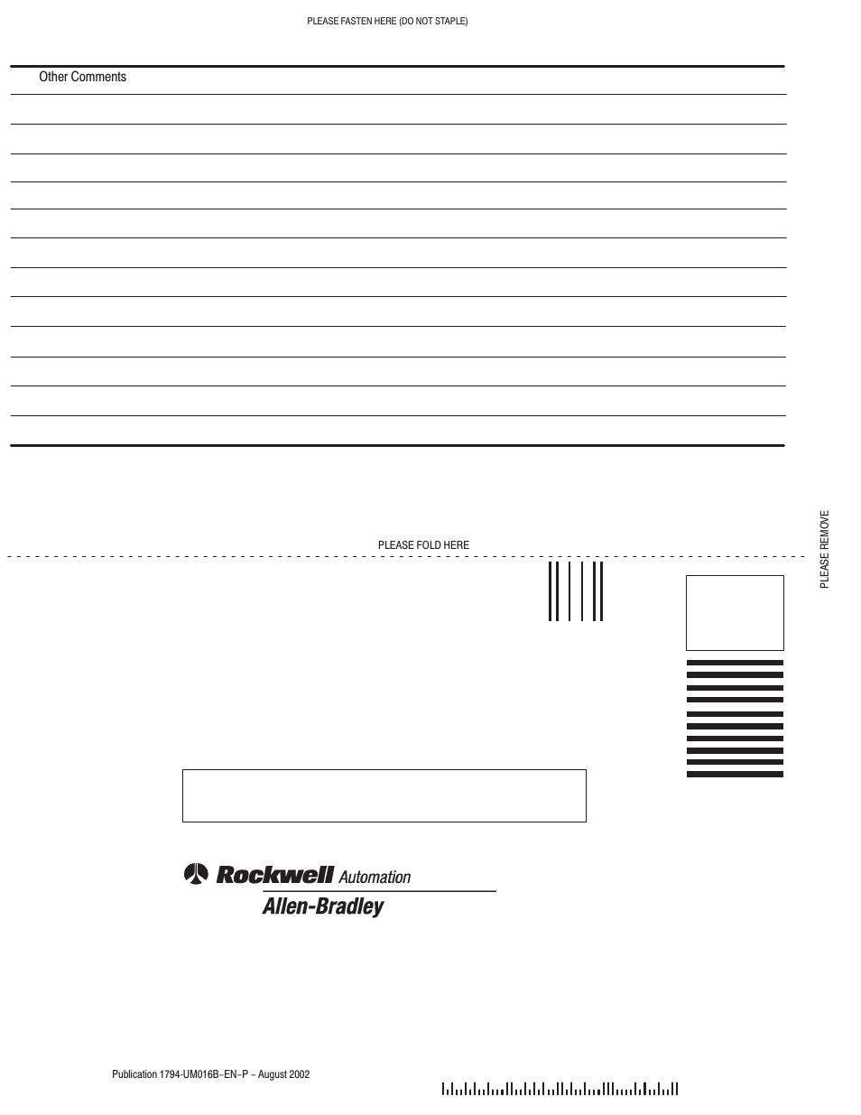 Business reply mail | Rockwell Automation 1794-IP4 Series B FLEX I/O PULSE COUNTER User Manual User Manual | Page 69 / 71