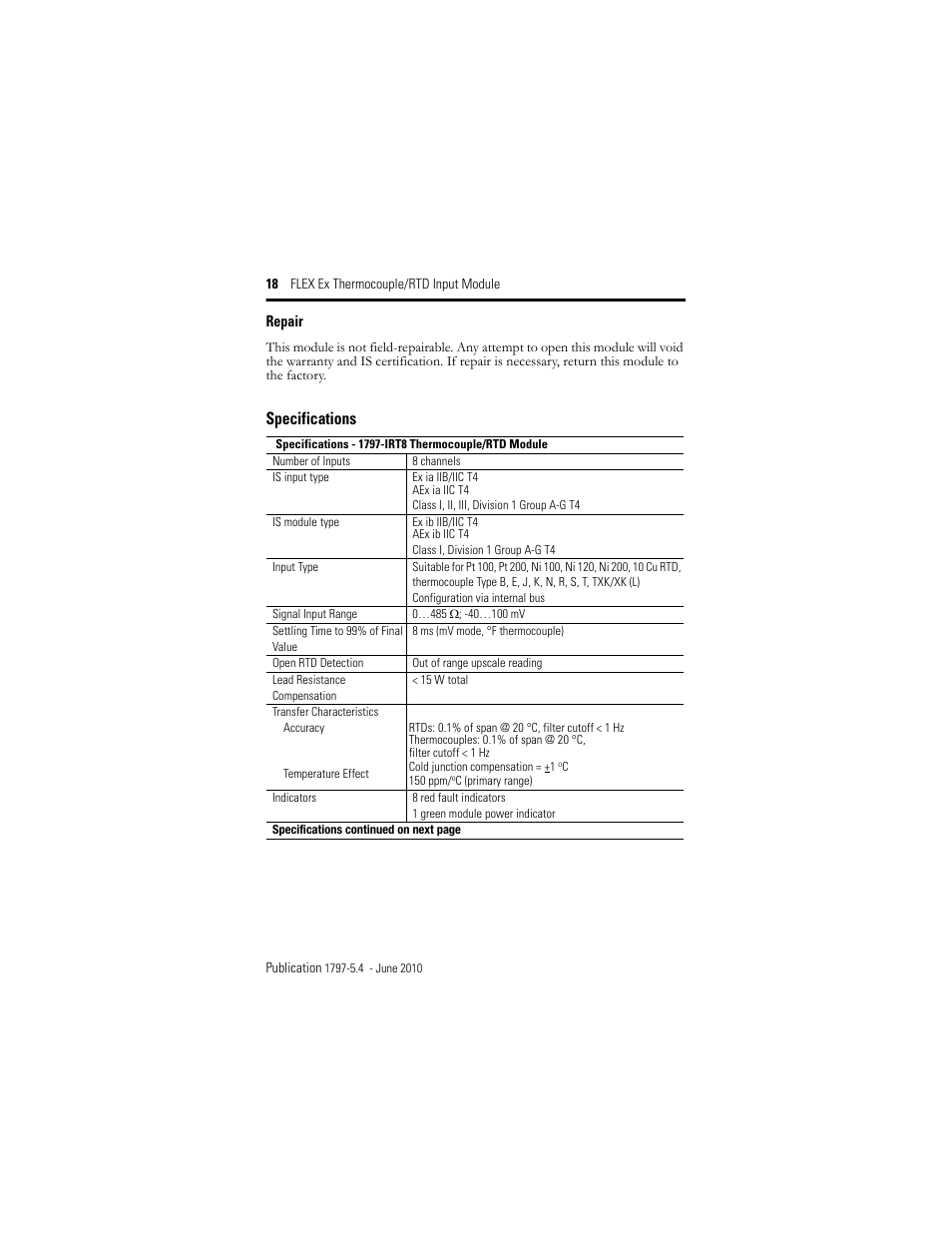 Specifications | Rockwell Automation 1797-IRT8 FLEX Ex Thermocouple/RTD Module User Manual | Page 18 / 32