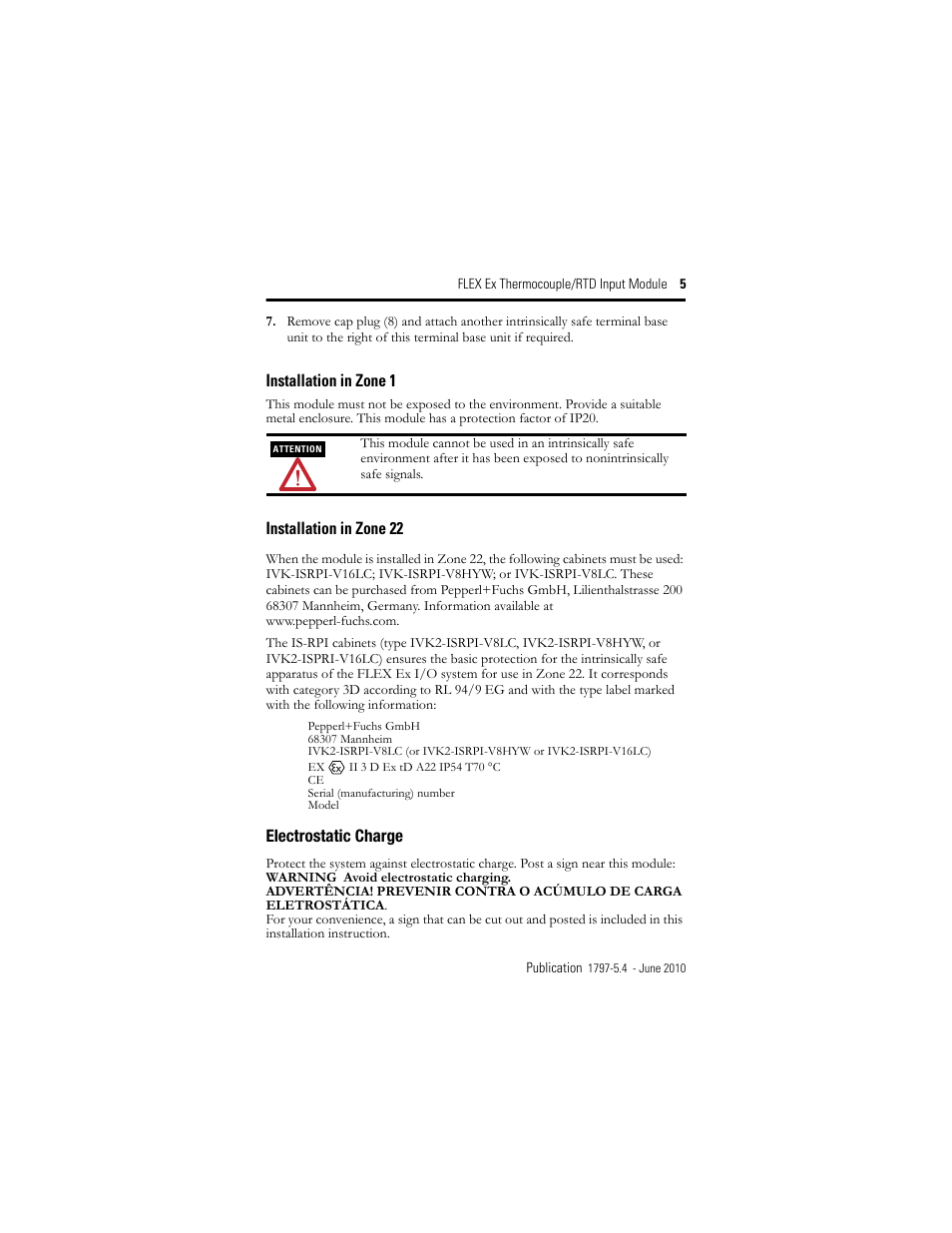 Installation in zone 1, Installation in zone 22 | Rockwell Automation 1797-IRT8 FLEX Ex Thermocouple/RTD Module User Manual | Page 5 / 32