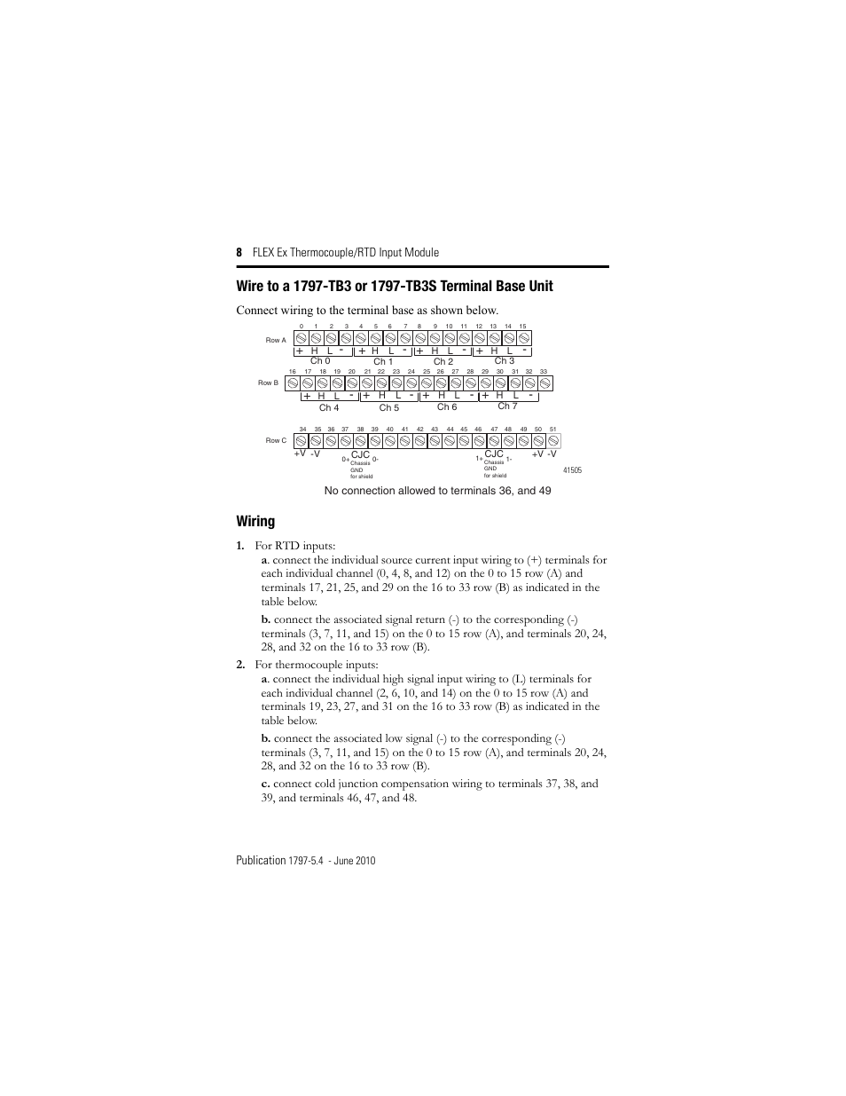 Wiring, Connect wiring to the terminal base as shown below | Rockwell Automation 1797-IRT8 FLEX Ex Thermocouple/RTD Module User Manual | Page 8 / 32