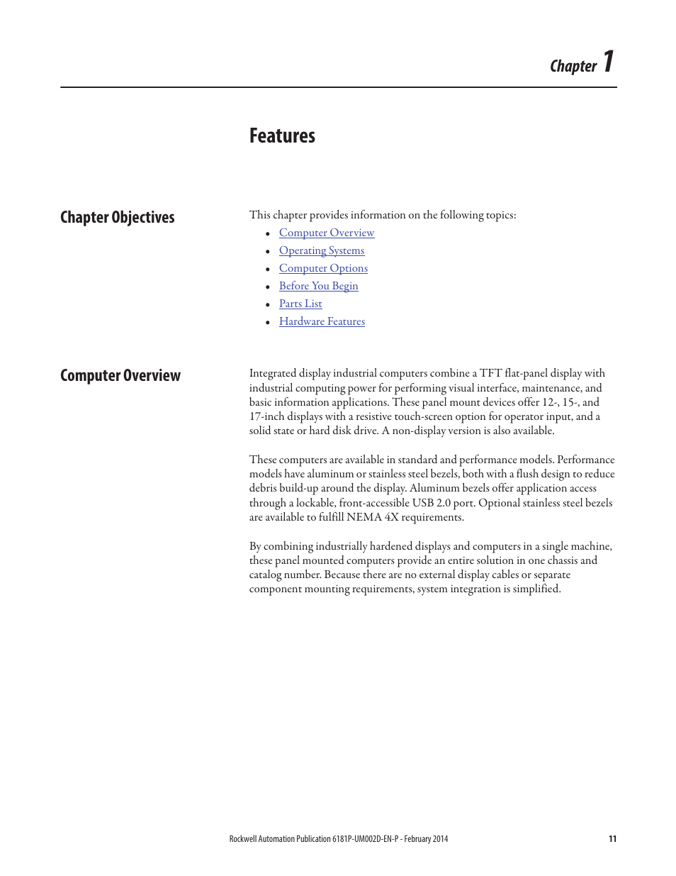 Features, Chapter objectives, Computer overview | Chapter 1, Chapter objectives computer overview, Chapter | Rockwell Automation 6181F_P Series E Integrated Display Computers User Manual User Manual | Page 11 / 76