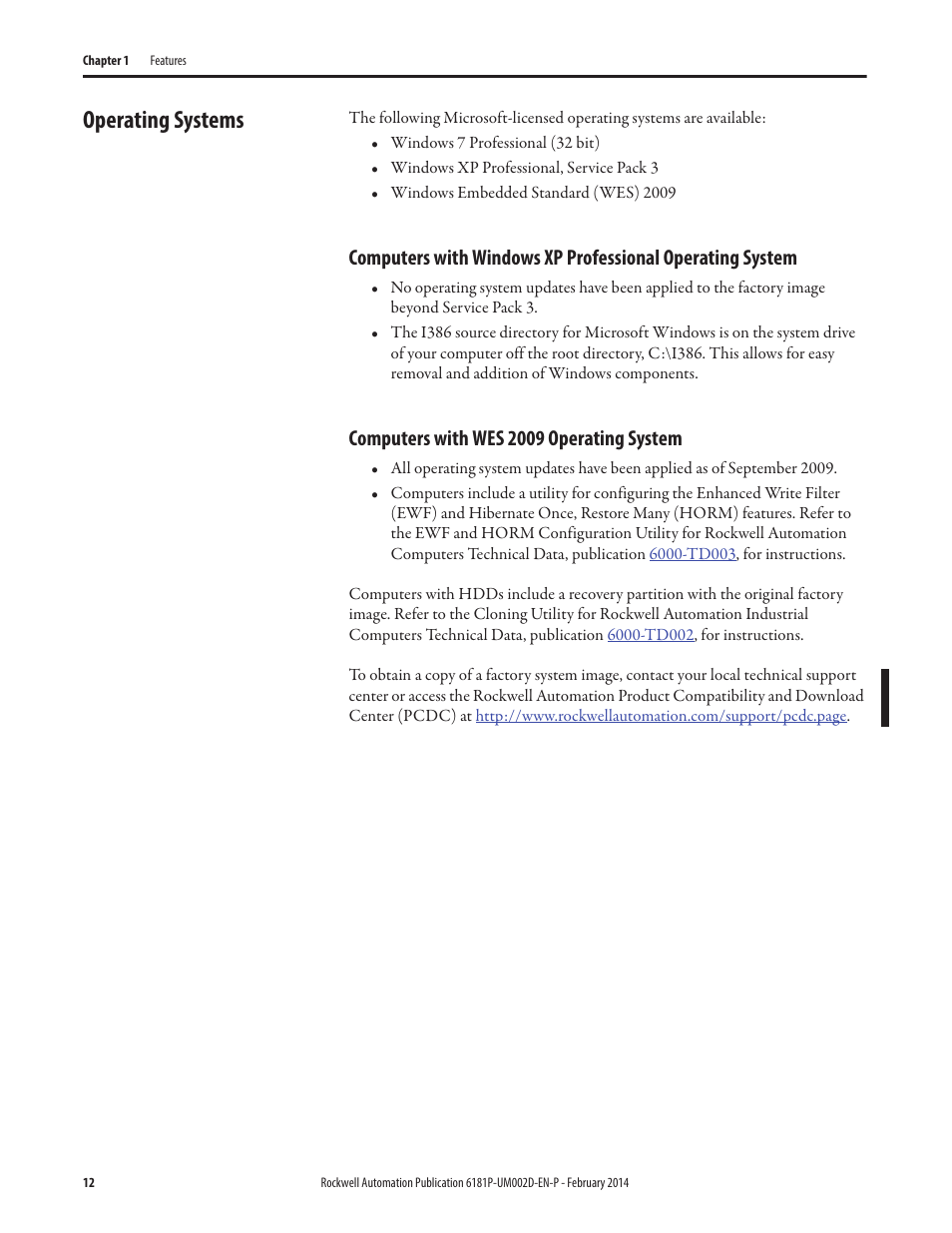 Operating systems, Computers with wes 2009 operating system | Rockwell Automation 6181F_P Series E Integrated Display Computers User Manual User Manual | Page 12 / 76