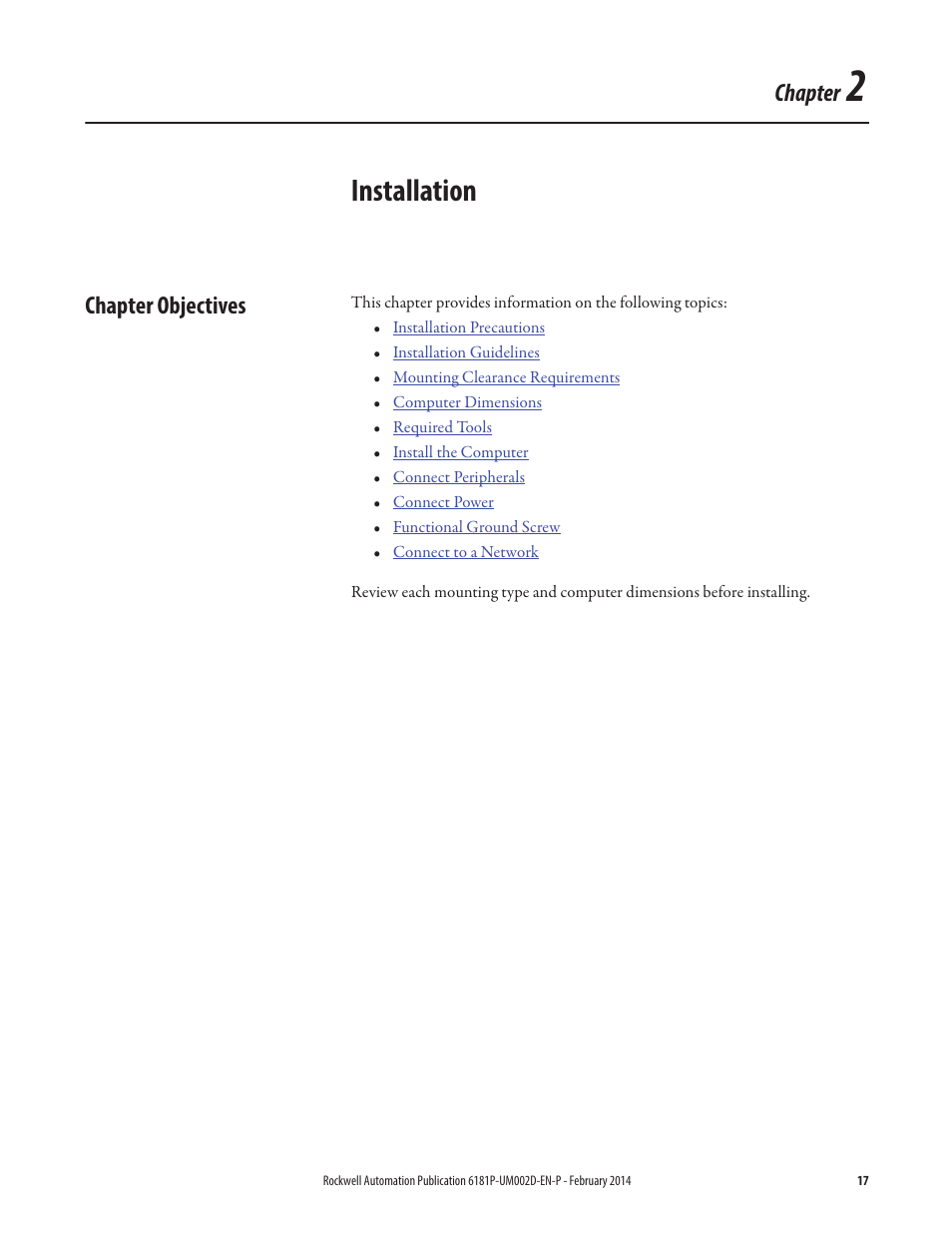 2 - installation, Chapter objectives, Chapter 2 | Installation, Chapter | Rockwell Automation 6181F_P Series E Integrated Display Computers User Manual User Manual | Page 17 / 76