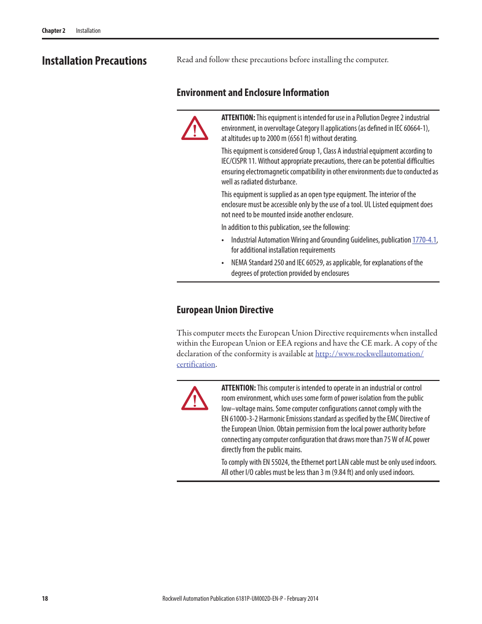Installation precautions, Environment and enclosure information, European union directive | Rockwell Automation 6181F_P Series E Integrated Display Computers User Manual User Manual | Page 18 / 76