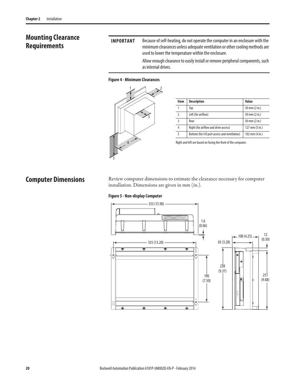 Mounting clearance requirements, Computer dimensions | Rockwell Automation 6181F_P Series E Integrated Display Computers User Manual User Manual | Page 20 / 76