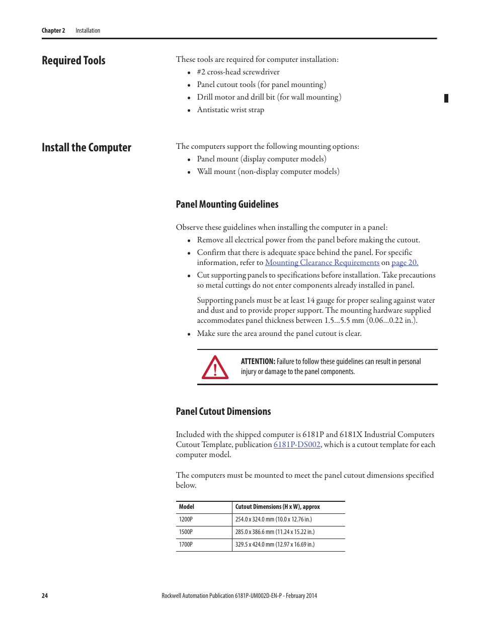 Required tools, Install the computer, Panel mounting guidelines | Panel cutout dimensions, Required tools install the computer, Panel mounting guidelines panel cutout dimensions | Rockwell Automation 6181F_P Series E Integrated Display Computers User Manual User Manual | Page 24 / 76