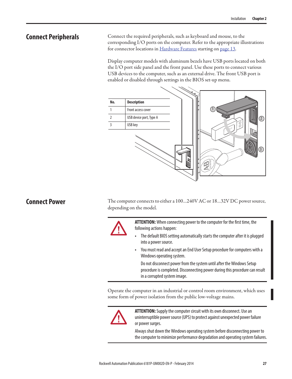 Connect peripherals, Connect power, Connect peripherals connect power | Rockwell Automation 6181F_P Series E Integrated Display Computers User Manual User Manual | Page 27 / 76