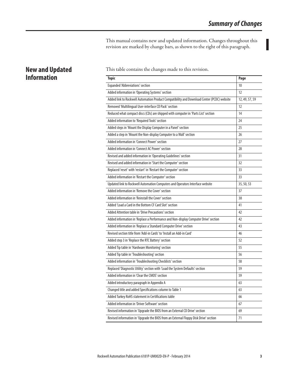 Summary of changes, New and updated information | Rockwell Automation 6181F_P Series E Integrated Display Computers User Manual User Manual | Page 3 / 76