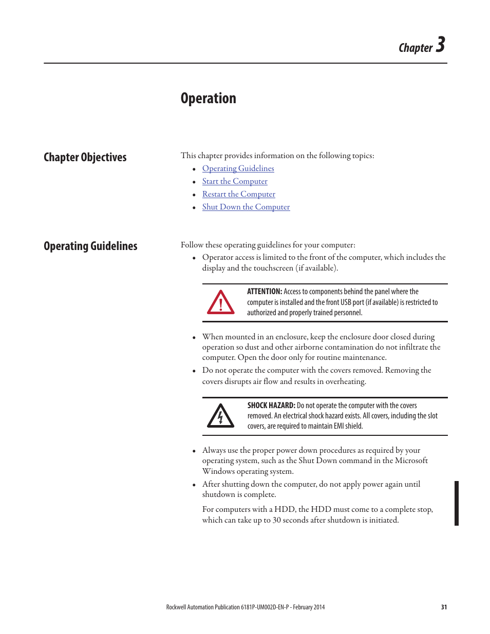 3 - operation, Chapter objectives, Operating guidelines | Chapter 3, Operation, Chapter objectives operating guidelines, Chapter | Rockwell Automation 6181F_P Series E Integrated Display Computers User Manual User Manual | Page 31 / 76