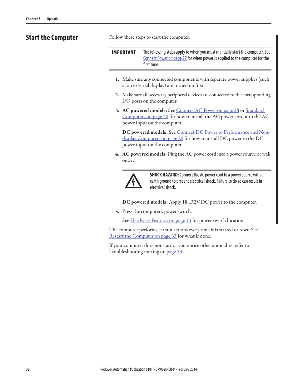 Start the computer | Rockwell Automation 6181F_P Series E Integrated Display Computers User Manual User Manual | Page 32 / 76