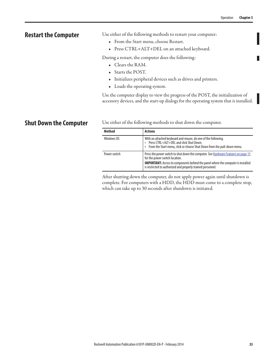 Restart the computer, Shut down the computer, Restart the computer shut down the computer | Rockwell Automation 6181F_P Series E Integrated Display Computers User Manual User Manual | Page 33 / 76