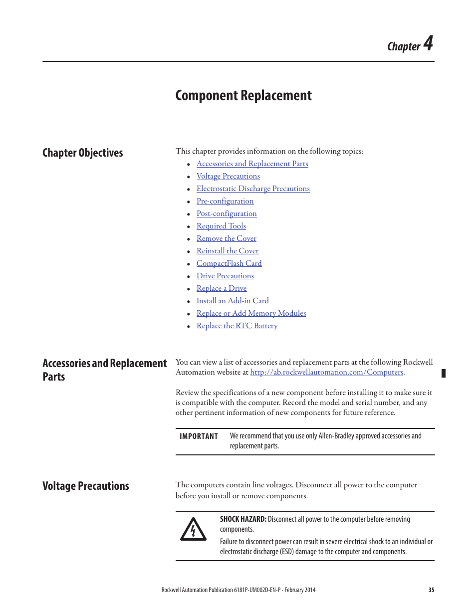 4 - component replacement, Chapter objectives, Accessories and replacement parts | Voltage precautions, Chapter 4, Component replacement, Chapter | Rockwell Automation 6181F_P Series E Integrated Display Computers User Manual User Manual | Page 35 / 76