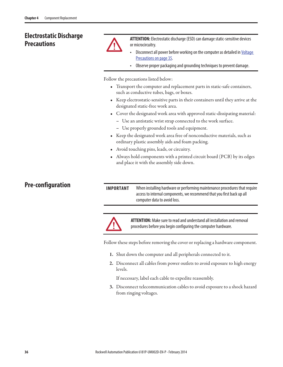 Electrostatic discharge precautions, Pre-configuration | Rockwell Automation 6181F_P Series E Integrated Display Computers User Manual User Manual | Page 36 / 76