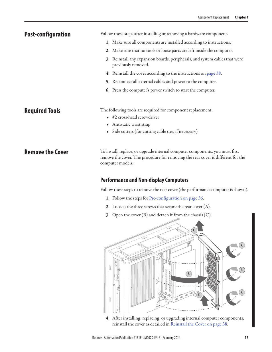Post-configuration, Required tools, Remove the cover | Performance and non-display computers, Post-configuration required tools remove the cover | Rockwell Automation 6181F_P Series E Integrated Display Computers User Manual User Manual | Page 37 / 76