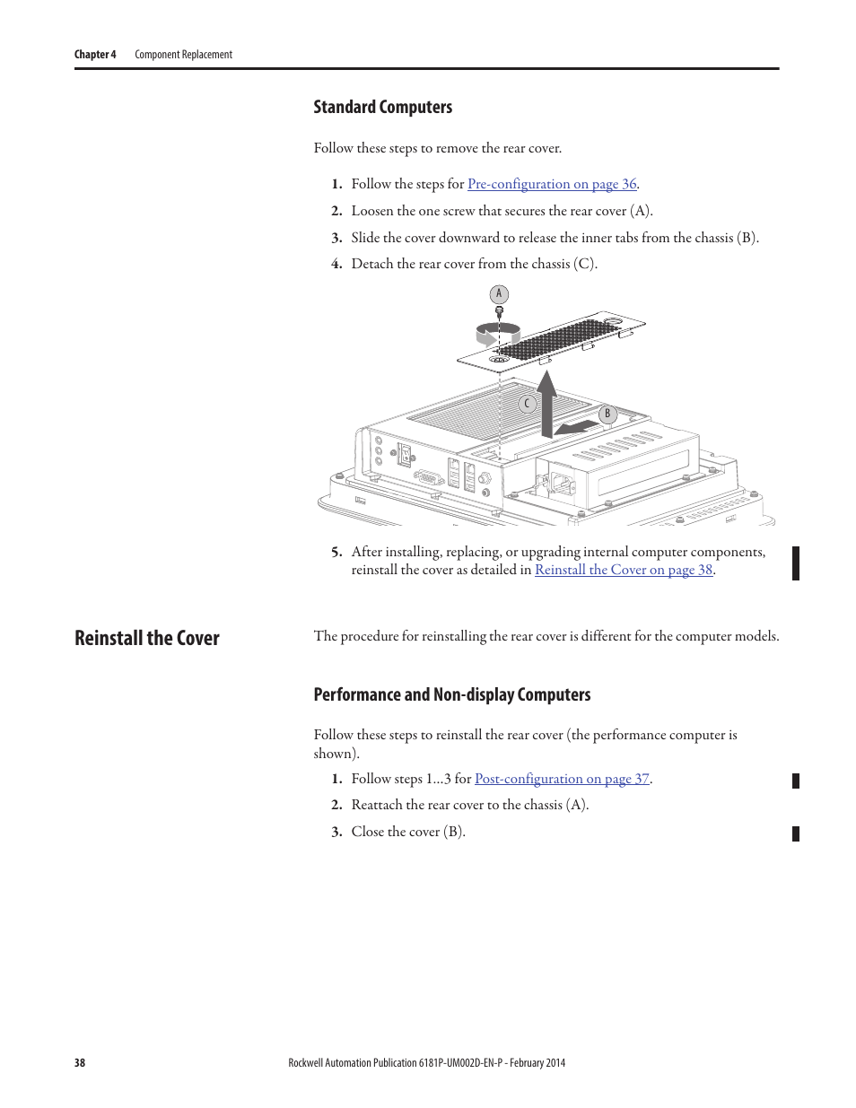 Standard computers, Reinstall the cover, Performance and non-display computers | S on | Rockwell Automation 6181F_P Series E Integrated Display Computers User Manual User Manual | Page 38 / 76