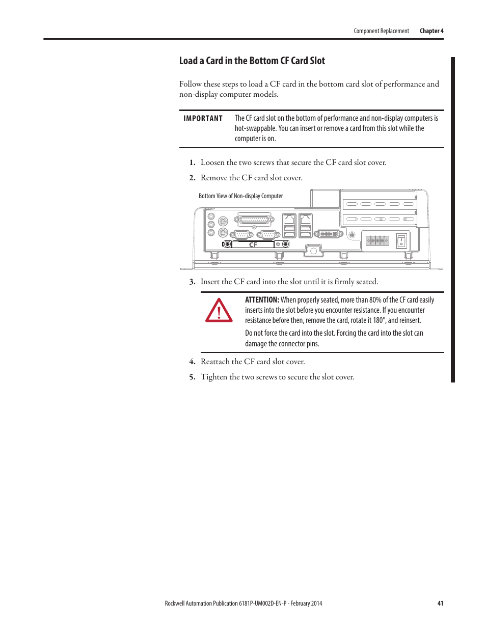 Load a card in the bottom cf card slot | Rockwell Automation 6181F_P Series E Integrated Display Computers User Manual User Manual | Page 41 / 76