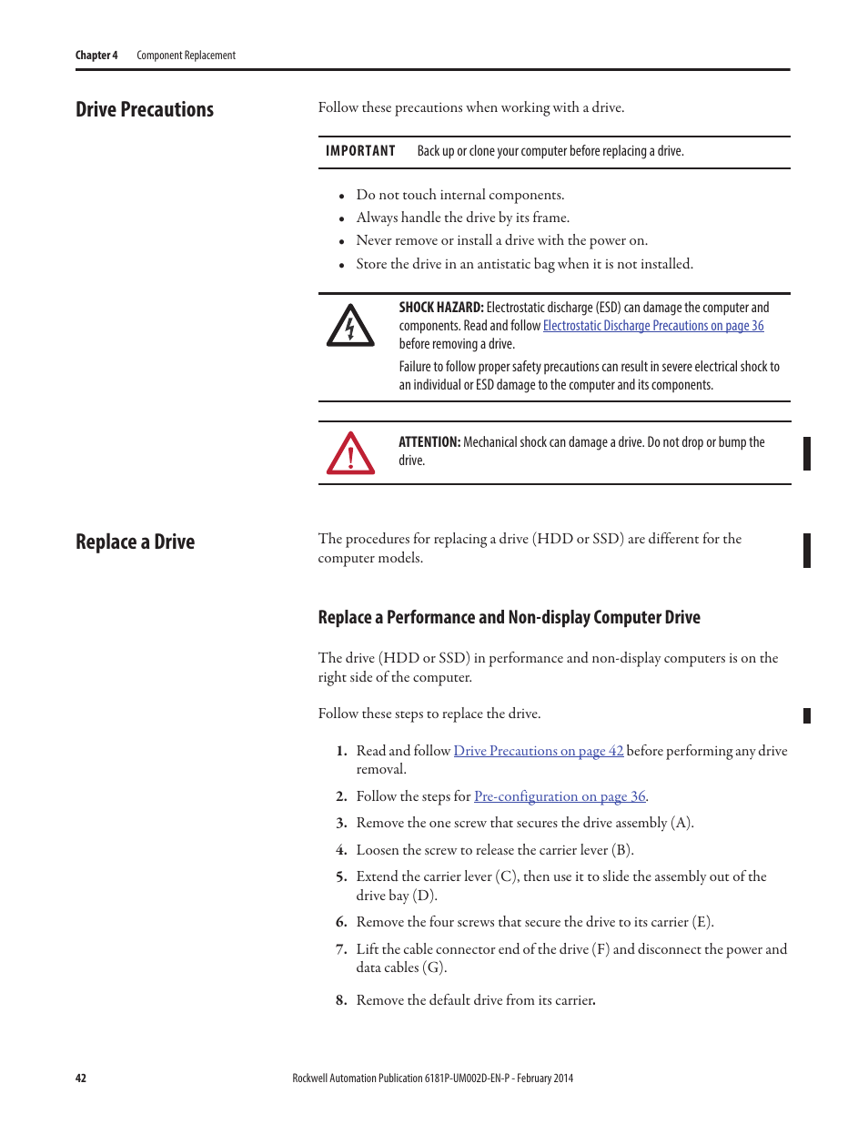 Drive precautions, Replace a drive, Drive precautions replace a drive | Rockwell Automation 6181F_P Series E Integrated Display Computers User Manual User Manual | Page 42 / 76
