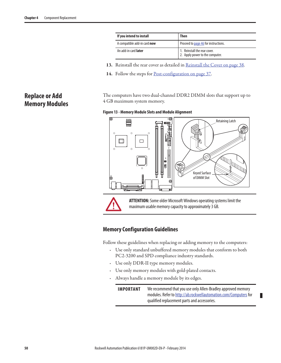 Replace or add memory modules, Memory configuration guidelines | Rockwell Automation 6181F_P Series E Integrated Display Computers User Manual User Manual | Page 50 / 76