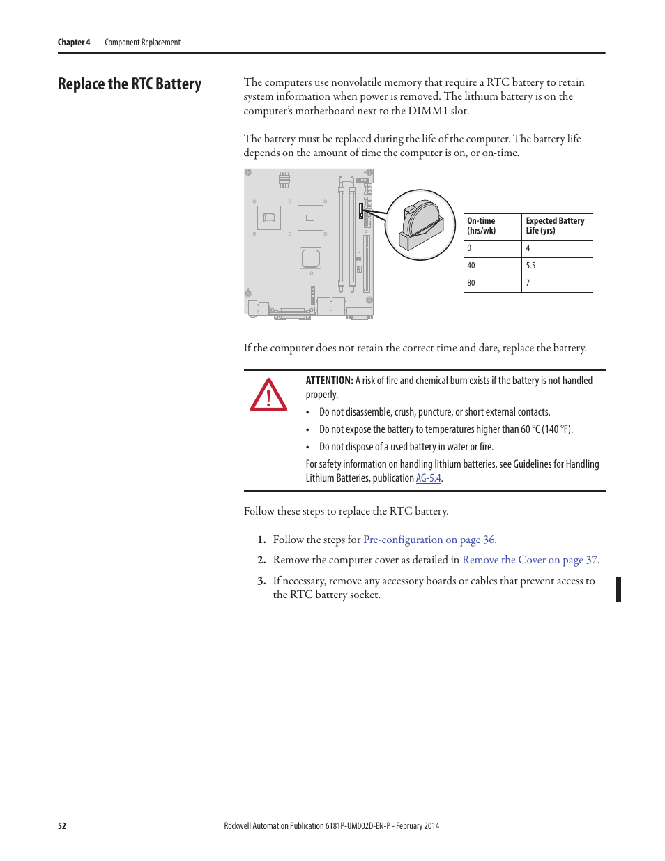 Replace the rtc battery | Rockwell Automation 6181F_P Series E Integrated Display Computers User Manual User Manual | Page 52 / 76