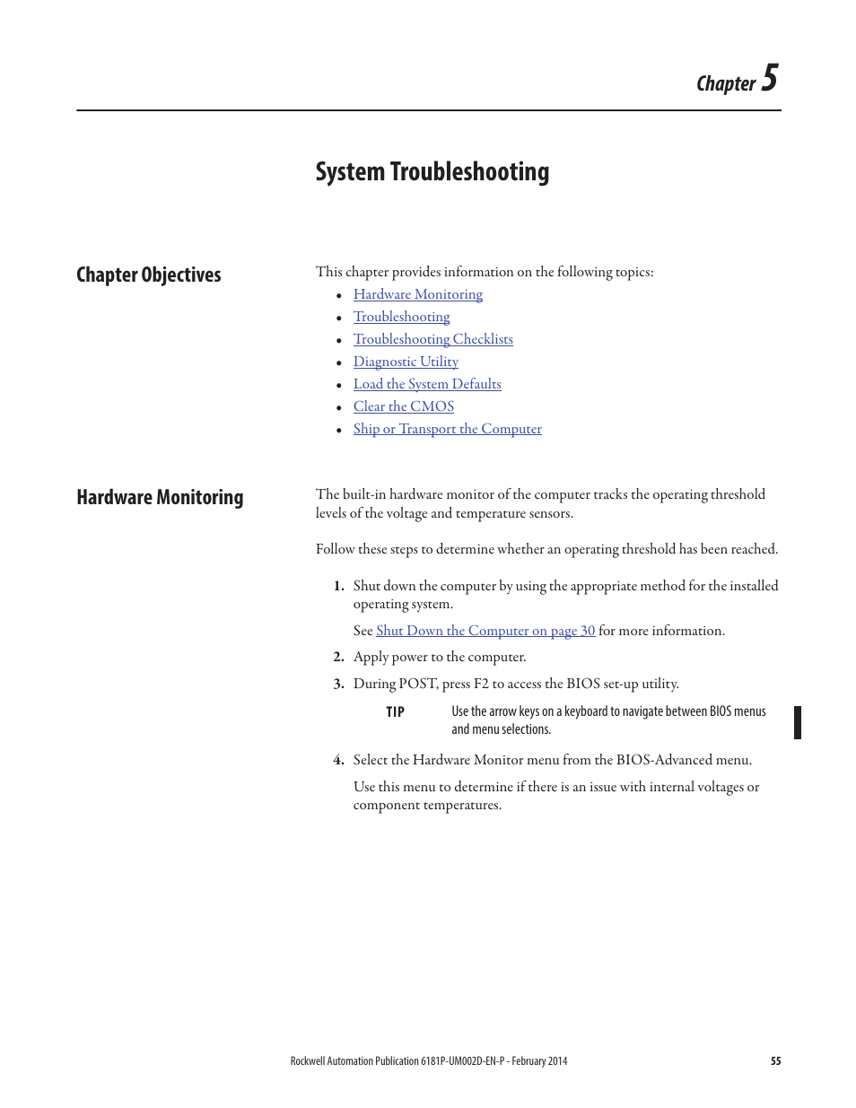 5 - system troubleshooting, Chapter objectives, Hardware monitoring | Chapter 5, System troubleshooting, Chapter objectives hardware monitoring, Chapter | Rockwell Automation 6181F_P Series E Integrated Display Computers User Manual User Manual | Page 55 / 76