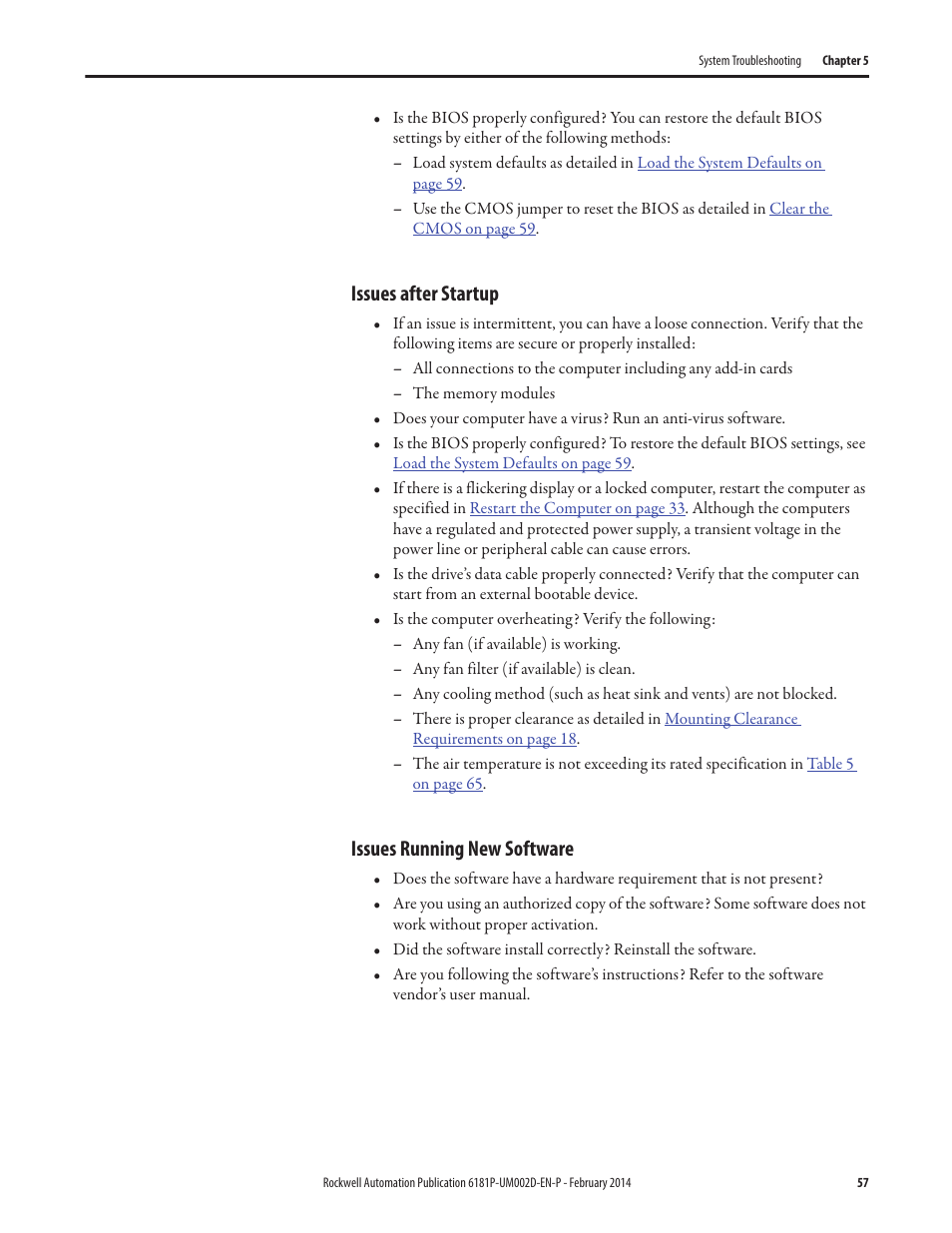 Issues after startup, Issues running new software, Issues after startup issues running new software | Rockwell Automation 6181F_P Series E Integrated Display Computers User Manual User Manual | Page 57 / 76