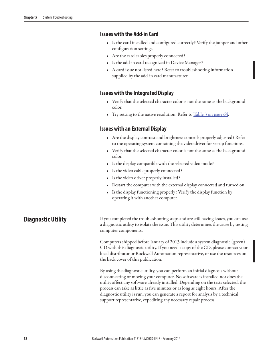 Issues with the add-in card, Issues with the integrated display, Issues with an external display | Diagnostic utility | Rockwell Automation 6181F_P Series E Integrated Display Computers User Manual User Manual | Page 58 / 76