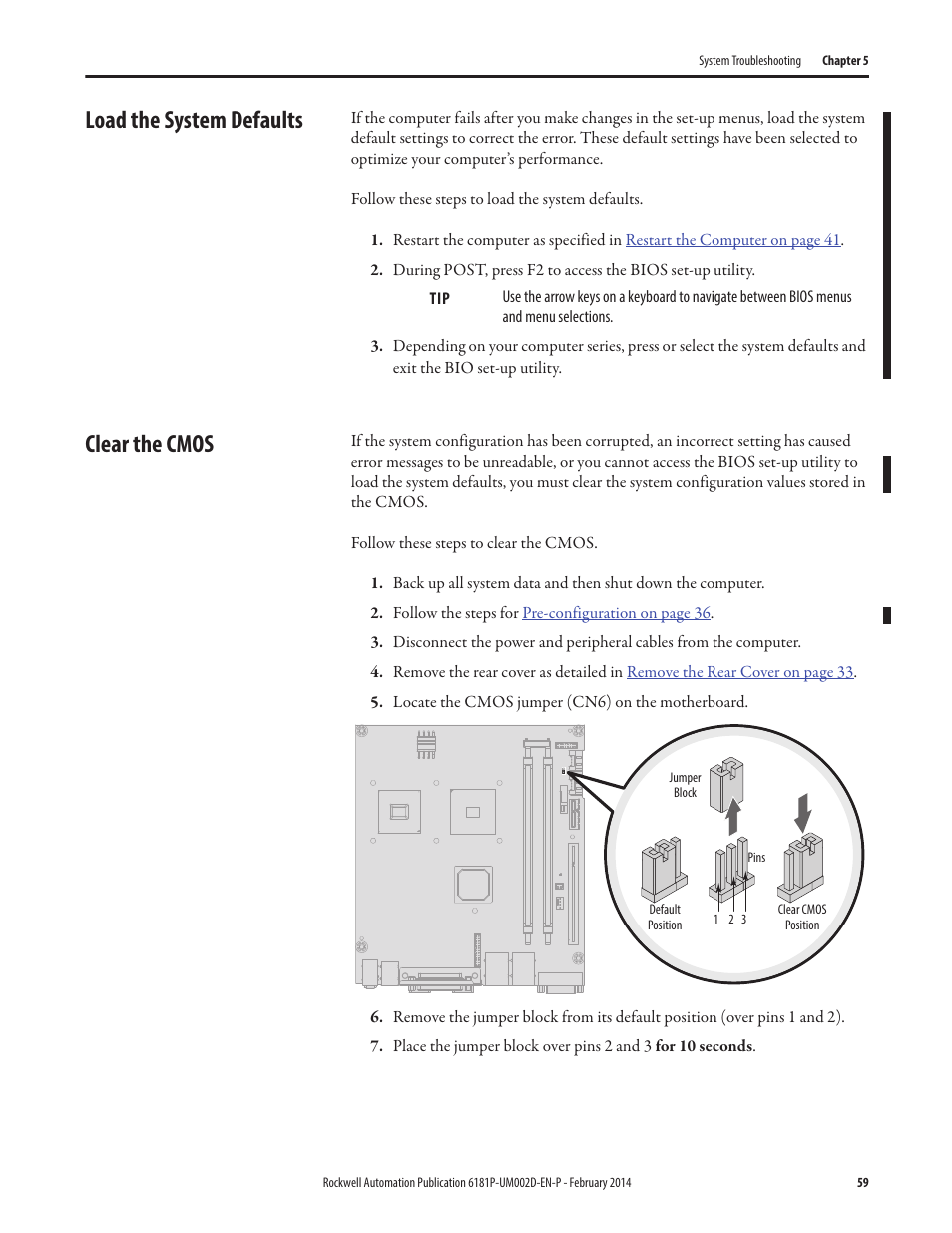 Load the system defaults, Clear the cmos, Load the system defaults clear the cmos | Load the system defaults on, Clear the | Rockwell Automation 6181F_P Series E Integrated Display Computers User Manual User Manual | Page 59 / 76