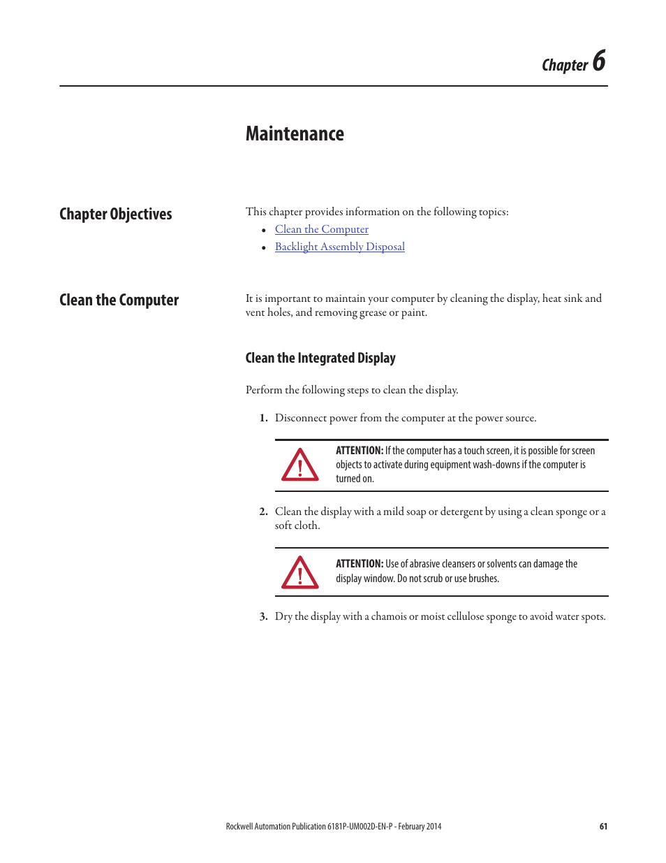 6 - maintenance, Chapter objectives, Clean the computer | Clean the integrated display, Chapter 6, Maintenance, Chapter objectives clean the computer, Chapter | Rockwell Automation 6181F_P Series E Integrated Display Computers User Manual User Manual | Page 61 / 76