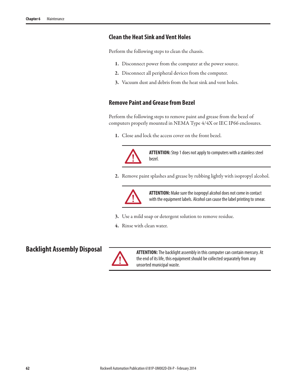 Clean the heat sink and vent holes, Remove paint and grease from bezel, Backlight assembly disposal | Rockwell Automation 6181F_P Series E Integrated Display Computers User Manual User Manual | Page 62 / 76