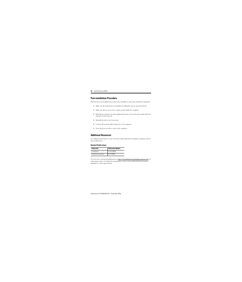 Post-installation procedure, Additional resources | Rockwell Automation 6189V-35HDDST160 Hard Disk Drive User Manual | Page 10 / 12