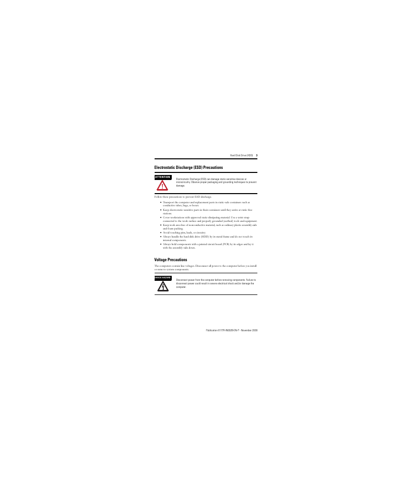 Electrostatic discharge (esd) precautions, Voltage precautions | Rockwell Automation 6189V-35HDDST160 Hard Disk Drive User Manual | Page 3 / 12