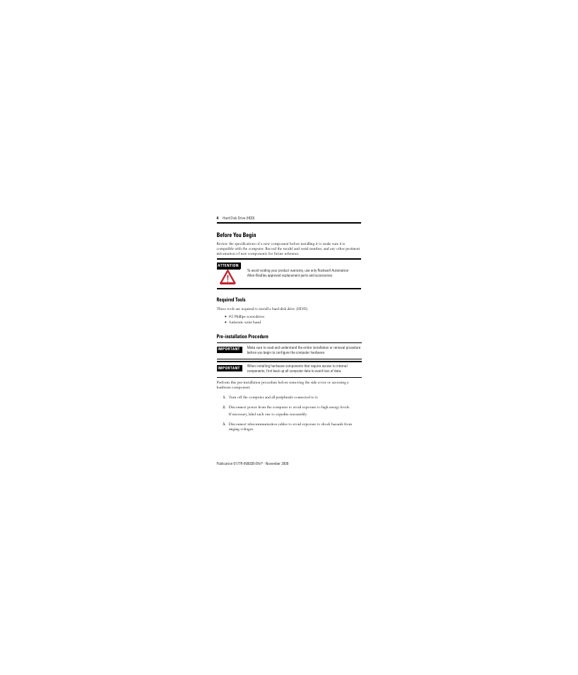 Before you begin, Required tools, Pre-installation procedure | Rockwell Automation 6189V-35HDDST160 Hard Disk Drive User Manual | Page 4 / 12