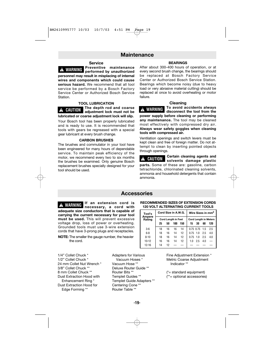 Maintenance, Accessories, Warning | Caution | Bosch 1619EVS User Manual | Page 19 / 56