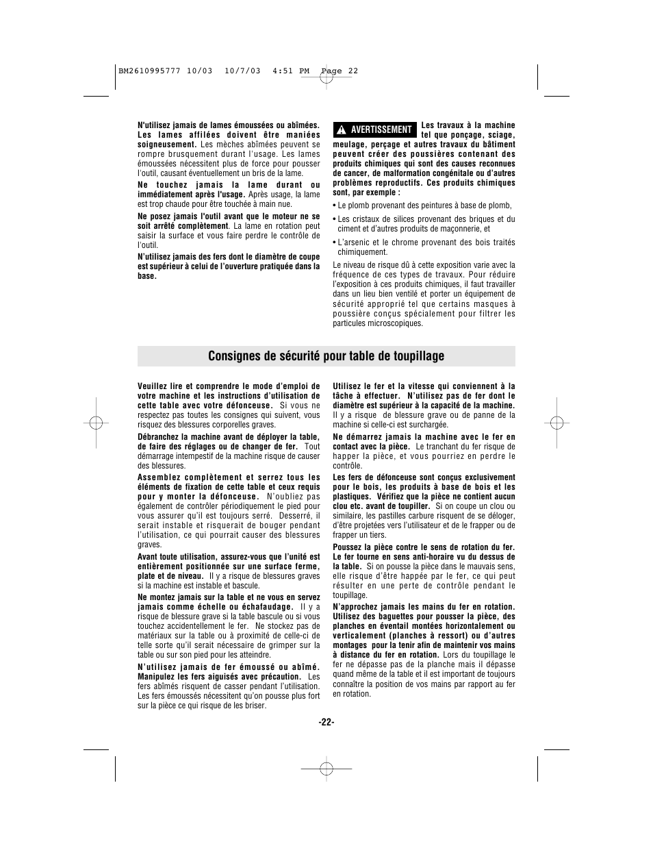 Consignes de sécurité pour table de toupillage | Bosch 1619EVS User Manual | Page 22 / 56