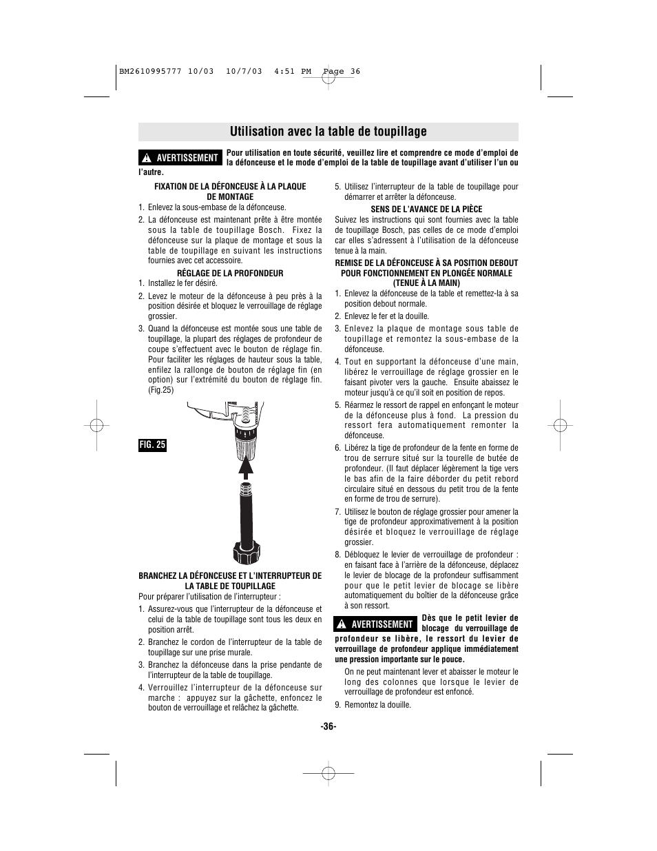 Utilisation avec la table de toupillage | Bosch 1619EVS User Manual | Page 36 / 56